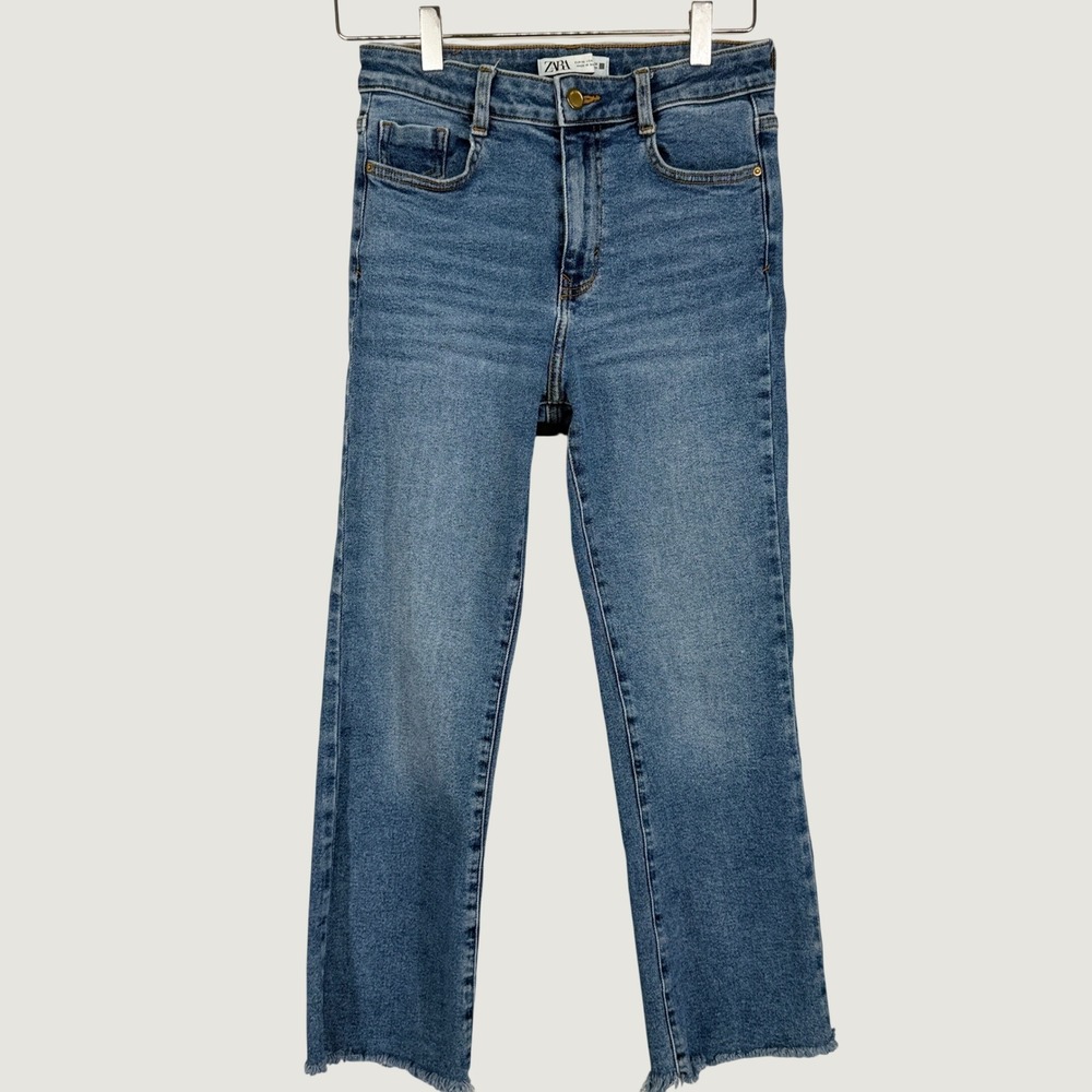 Zara Straight Leg Jeans Womens Size 4 Blue High Rise Frayed Hem Denim